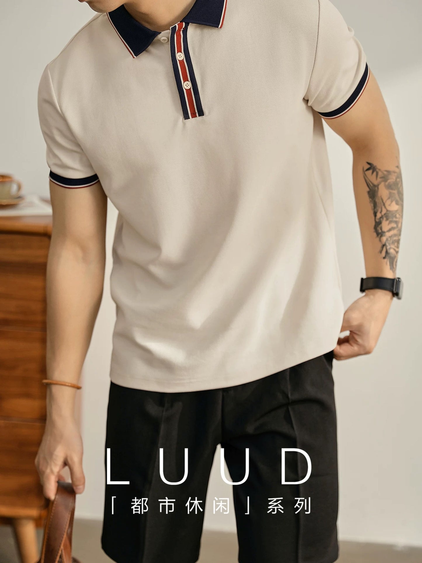 LUUD light luxury temperament contrast color lapel short-sleeved polo shirt men's knitted patchwork top breathable polo shirt