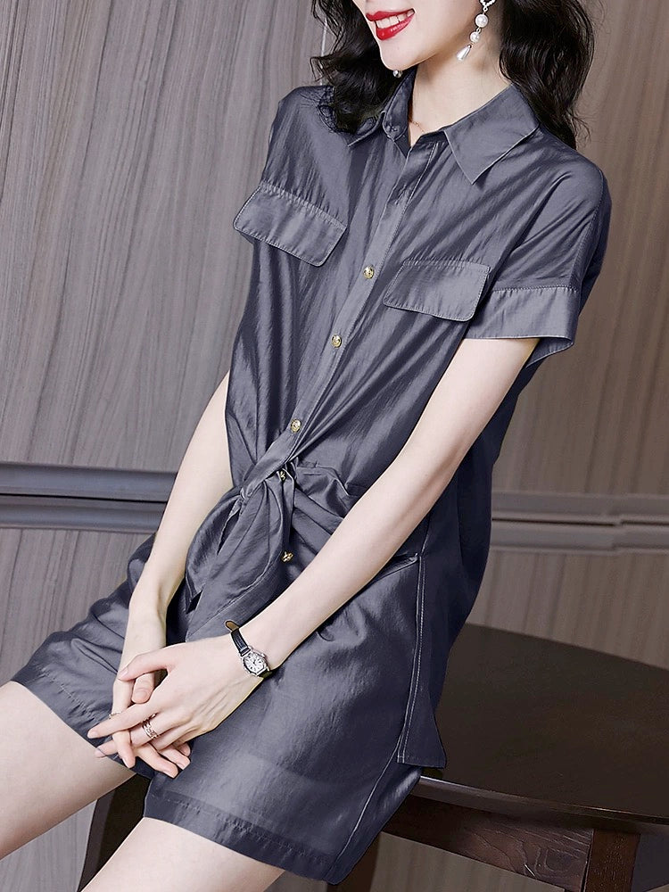 Cool salt style street style polo collar work clothes for little people in summer, chiffon short-sleeved shirts and shorts two-piece suit for women