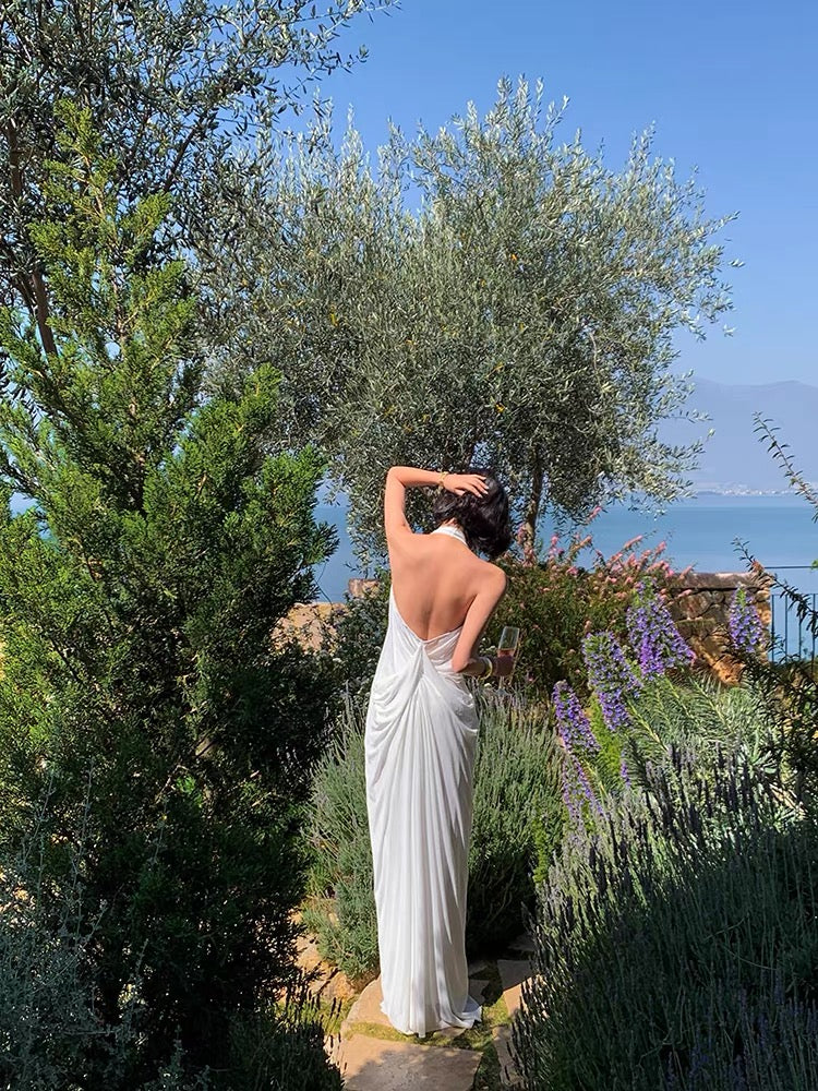 Island Shop New Arrivals at 00:00 PM on May 6th: 95% Off - Elegant White Halter Neck V-Neck Maxi Dress