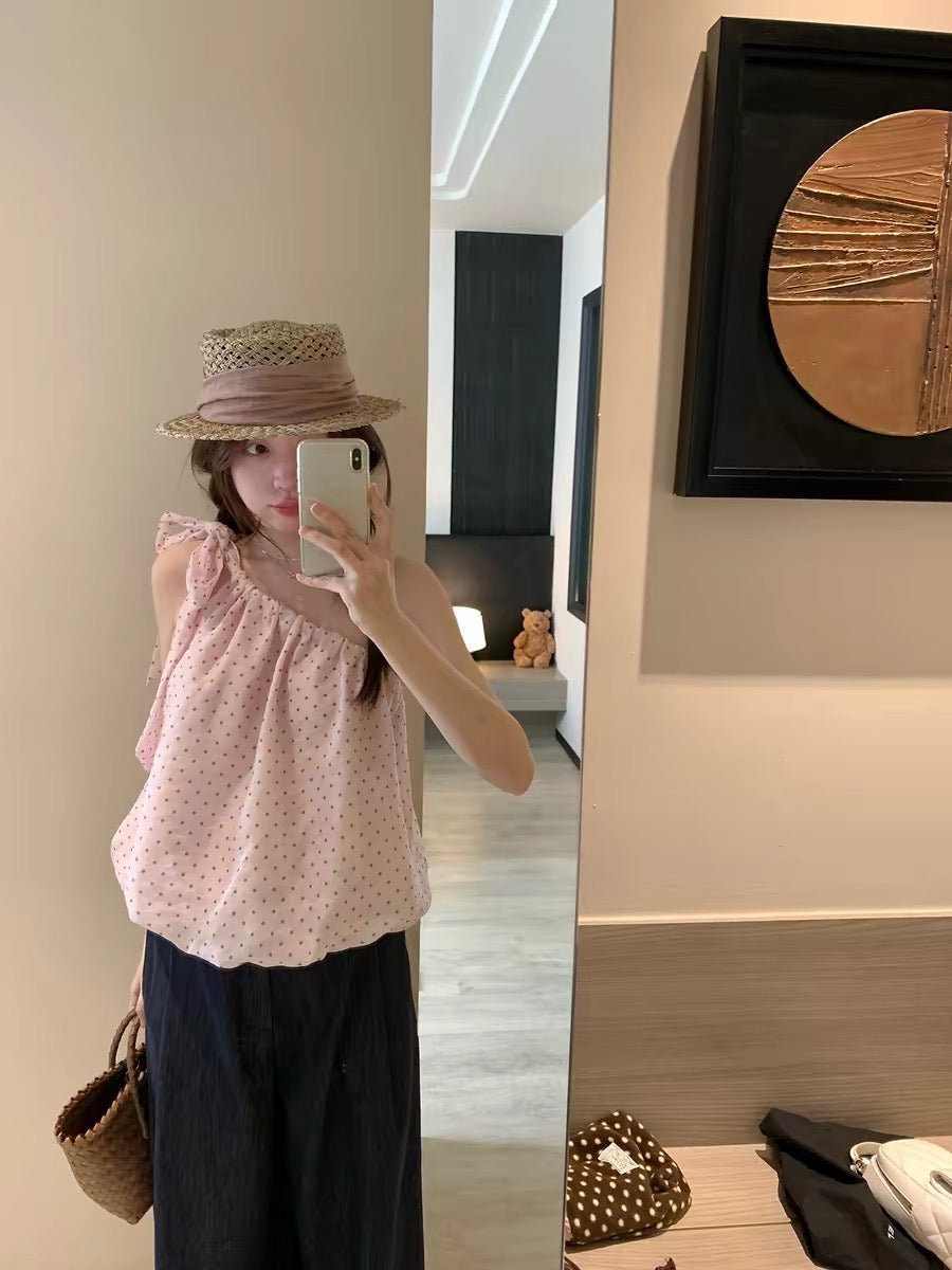 PtonUmi Polka Overture Pink Polka Dot Sleeveless Off-Shoulder Slimming Summer Beach Outfit