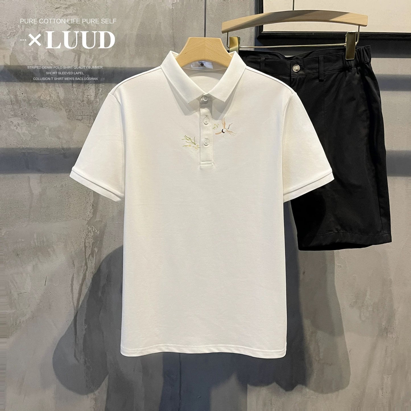 LUUD small Japanese trendy printed short-sleeved lapel POLO shirt retro slim-fit versatile men's T-shirt top summer