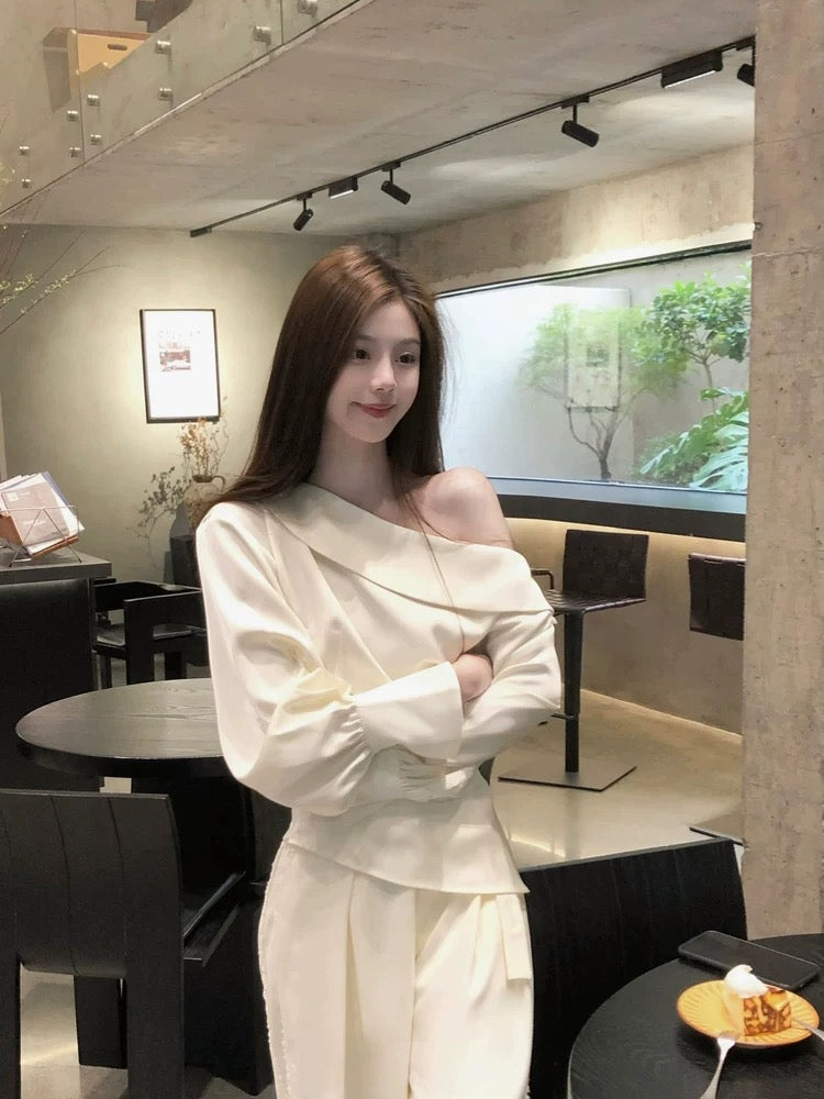 2025 Autumn New Korean Style Fashionable and Elegant Versatile Slimming Long-Sleeved Shirt + High-Waisted Skirt Two-Piece Set for Women
