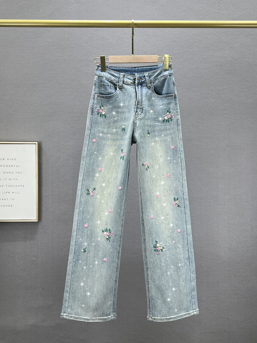 New women's embroidered jeans fashionable double waist washed bootcut pants