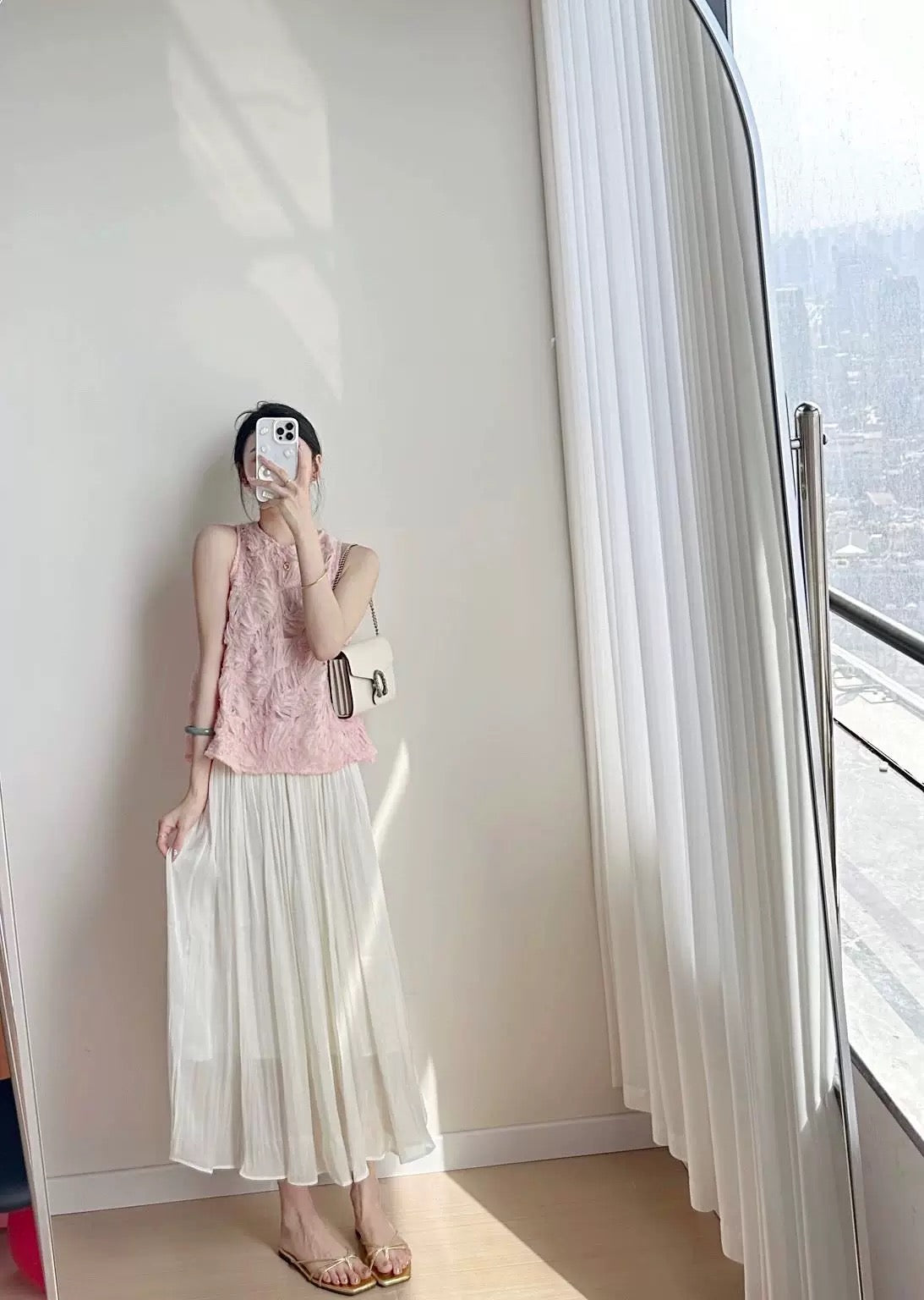 Pink heavy stitching vest sleeveless loose A-line Western-style top + loose slim skirt two-piece suit for women