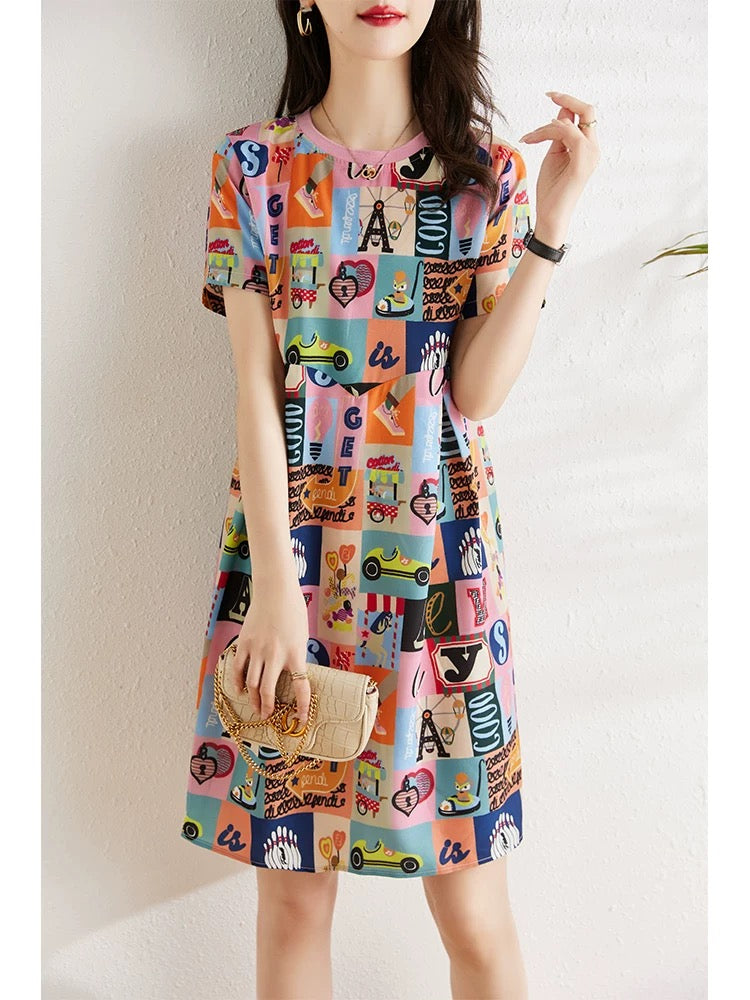 Cartoon Printed Chiffon Dress Women's Summer 2024 New Slightly Fat MM Loose Cover Belly Slim Casual A-Line Skirt
