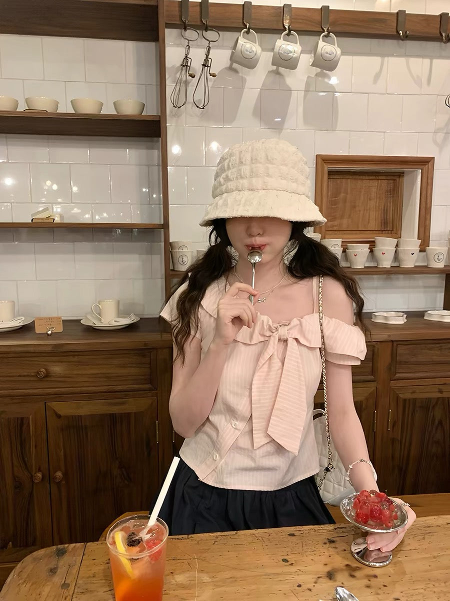PtonUmi Cherry Blossom Salted Soda Pink Striped Off-Shoulder Short-Sleeve Shirt Women's Summer Bow Short-Sleeve Top