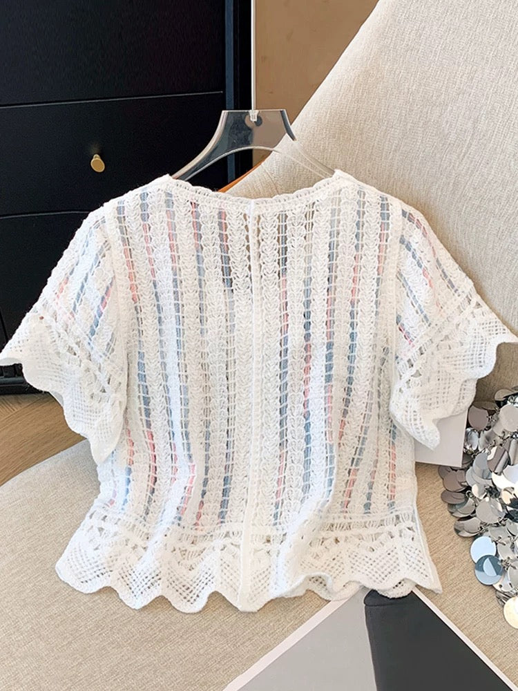 Clearance sale~Summer hollow three-dimensional flower single row short-sleeved knitted sweater for women, versatile and slim top
