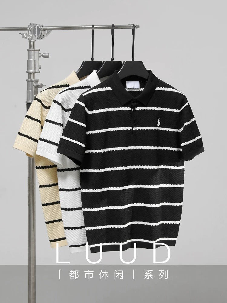 LUUD black and white striped colorblock polo shirt men's honeycomb texture slim fit T-shirt casual lapel knitted T-shirt