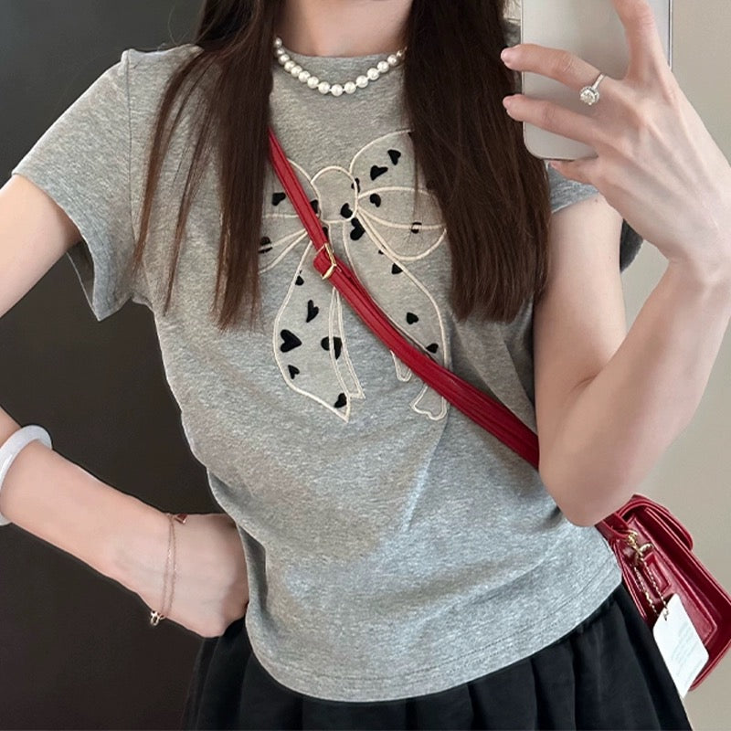 Bow-tie gray right shoulder short-sleeved T-shirt for women 2024 new hot style summer slimming waist short chic top