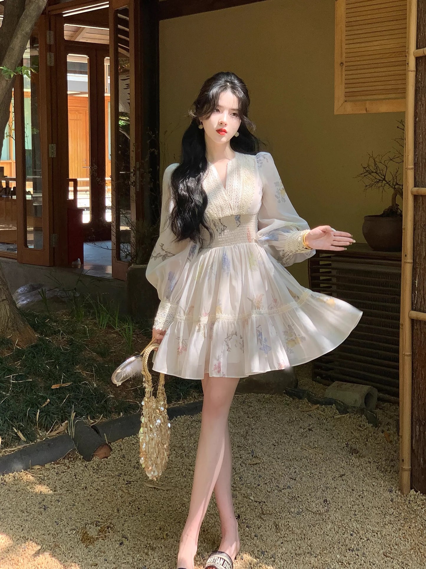 Send a letter Classic palace style French lace splicing dress petite girlish temperament waisted floral skirt