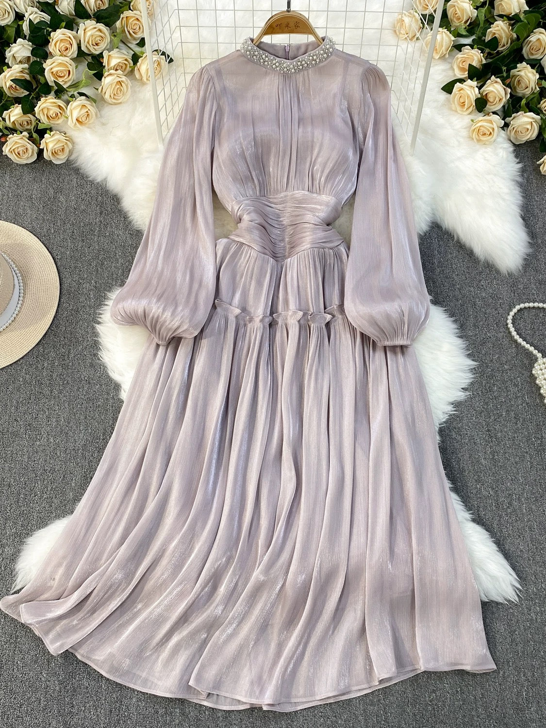 Korean style lantern-sleeved beaded stand-up collar waist-cinching A-line glossy dress for beach vacations