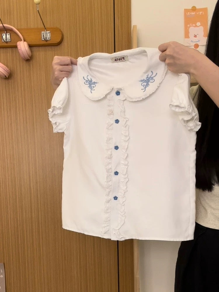 Creamy Universe: Embroidered Lace Trim White Babydoll Blouse Short Sleeve Women's Sweet Peter Pan Puff Sleeve Shirt