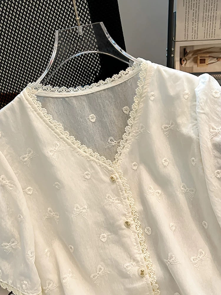 Self-retained model recommendation ~ French lace hollow embroidery V-neck short-sleeved shirt female 2025 summer stylish age-reducing top