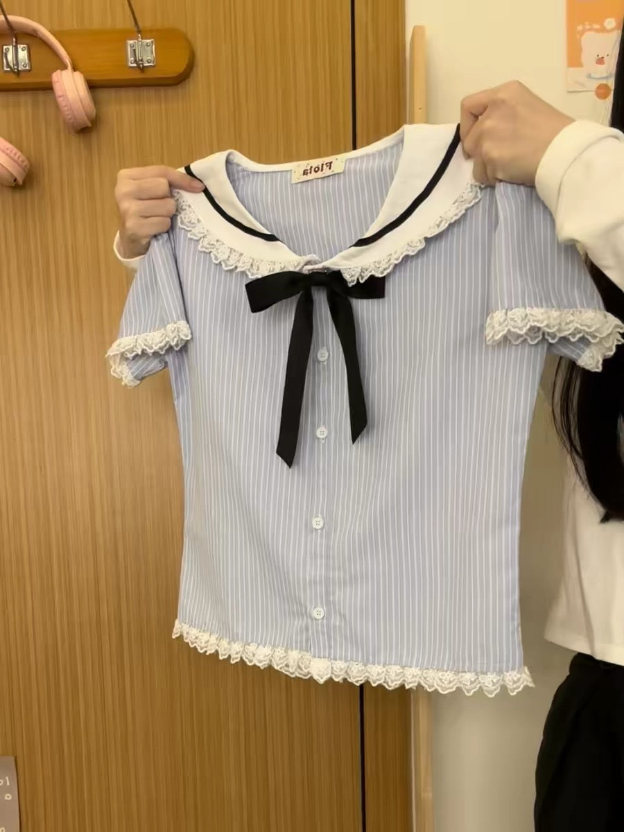 Creamy Universe - Striped Babydoll Top with Bow and Lace Navy Collar, Short Sleeve, Fresh and Cute Style