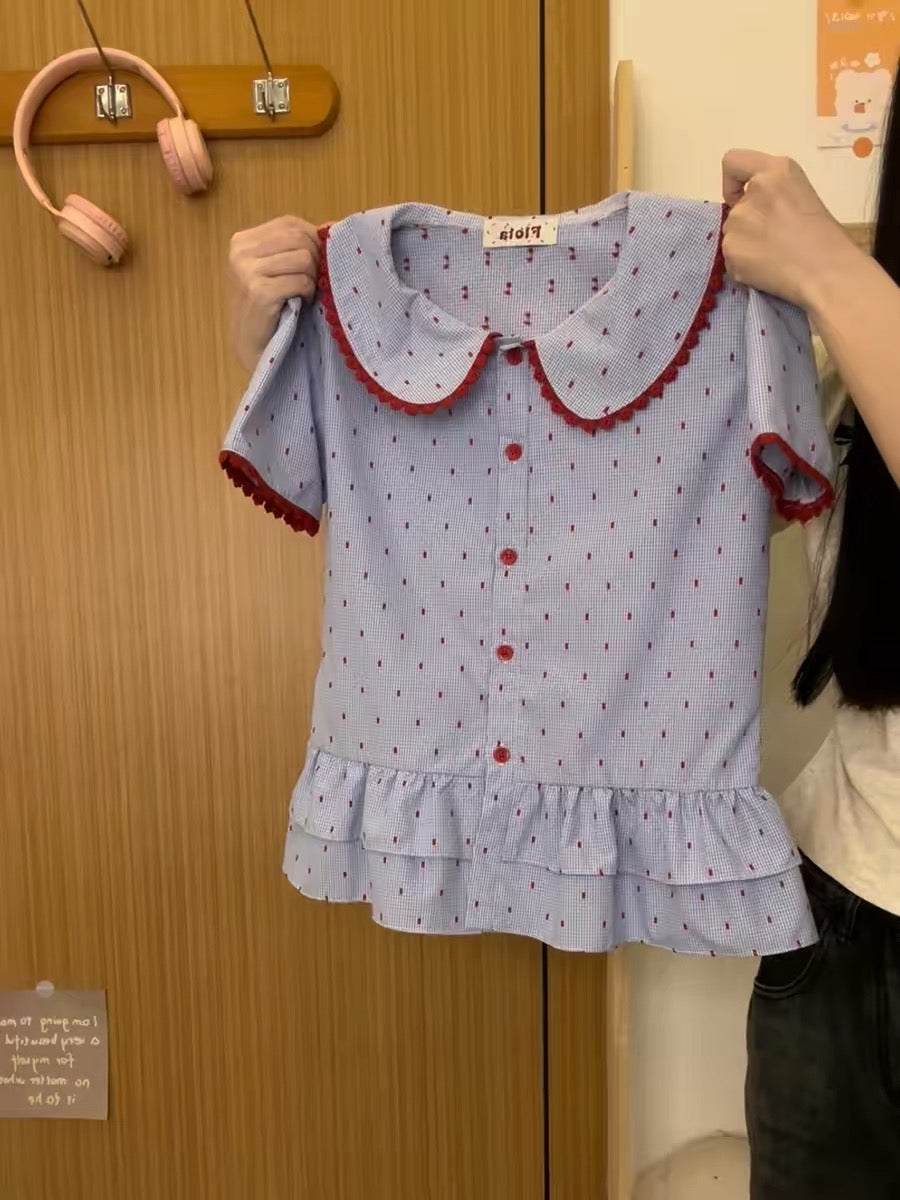 Creamy Universe - Sweet Blue Polka Dot Babydoll Short-Sleeve T-Shirt for Women, Japanese Style, Fresh and Natural, New Summer Arrival