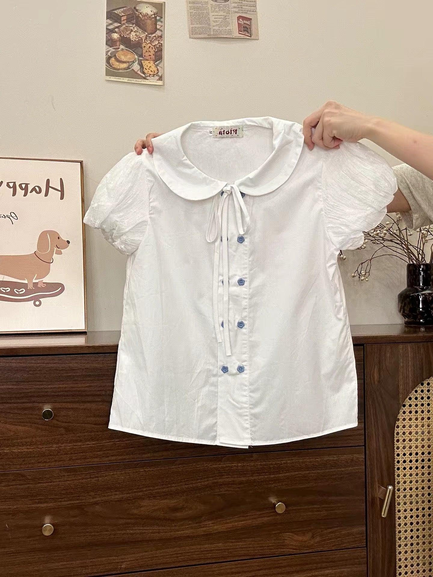 Creamy Universe White Short-Sleeve Shirt with Tie-Up Peter Pan Collar, Japanese Style, Fresh and Preppy Short Shirt