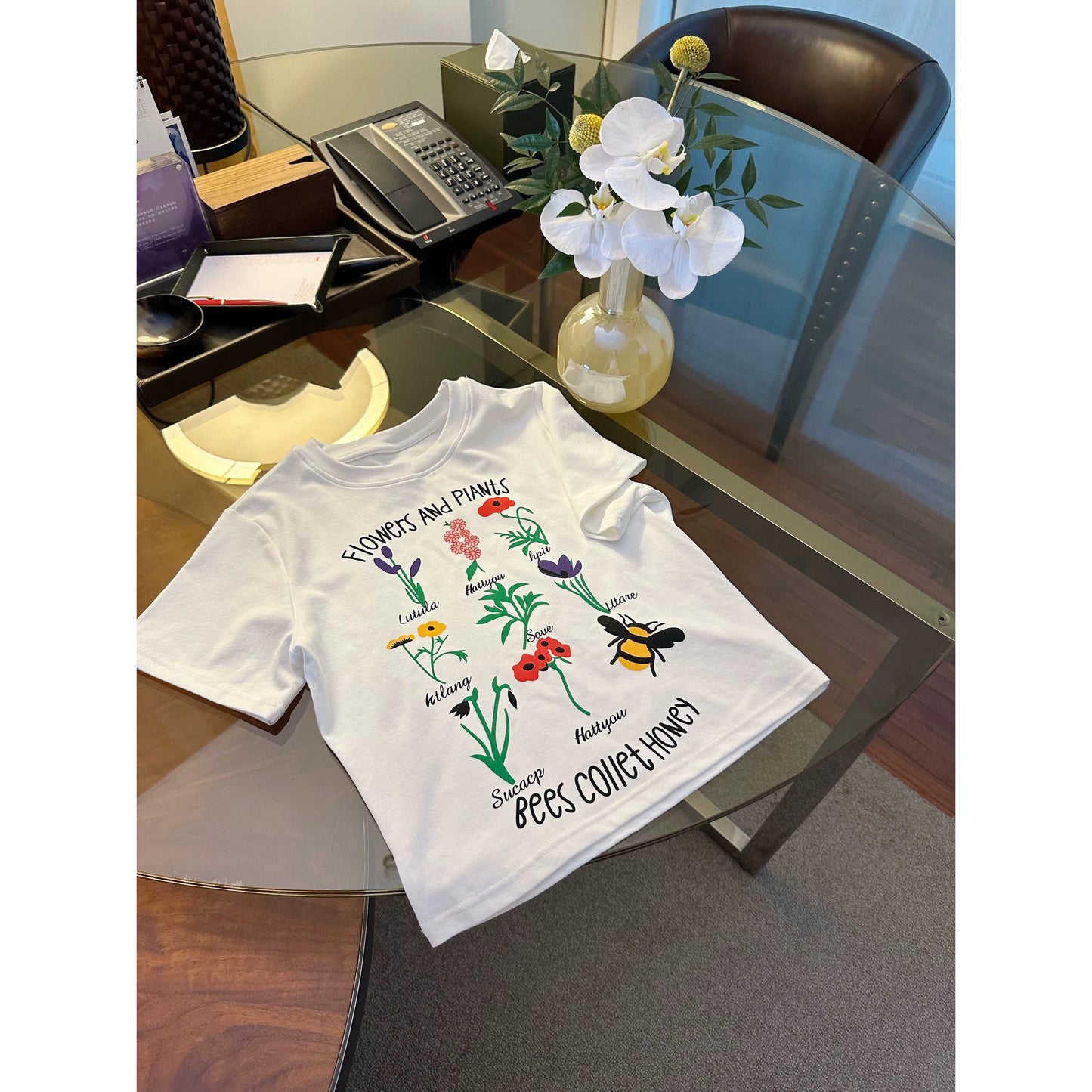 Plant flower flower print right shoulder short-sleeved T-shirt for women 2024 new hot style summer super good-looking short top