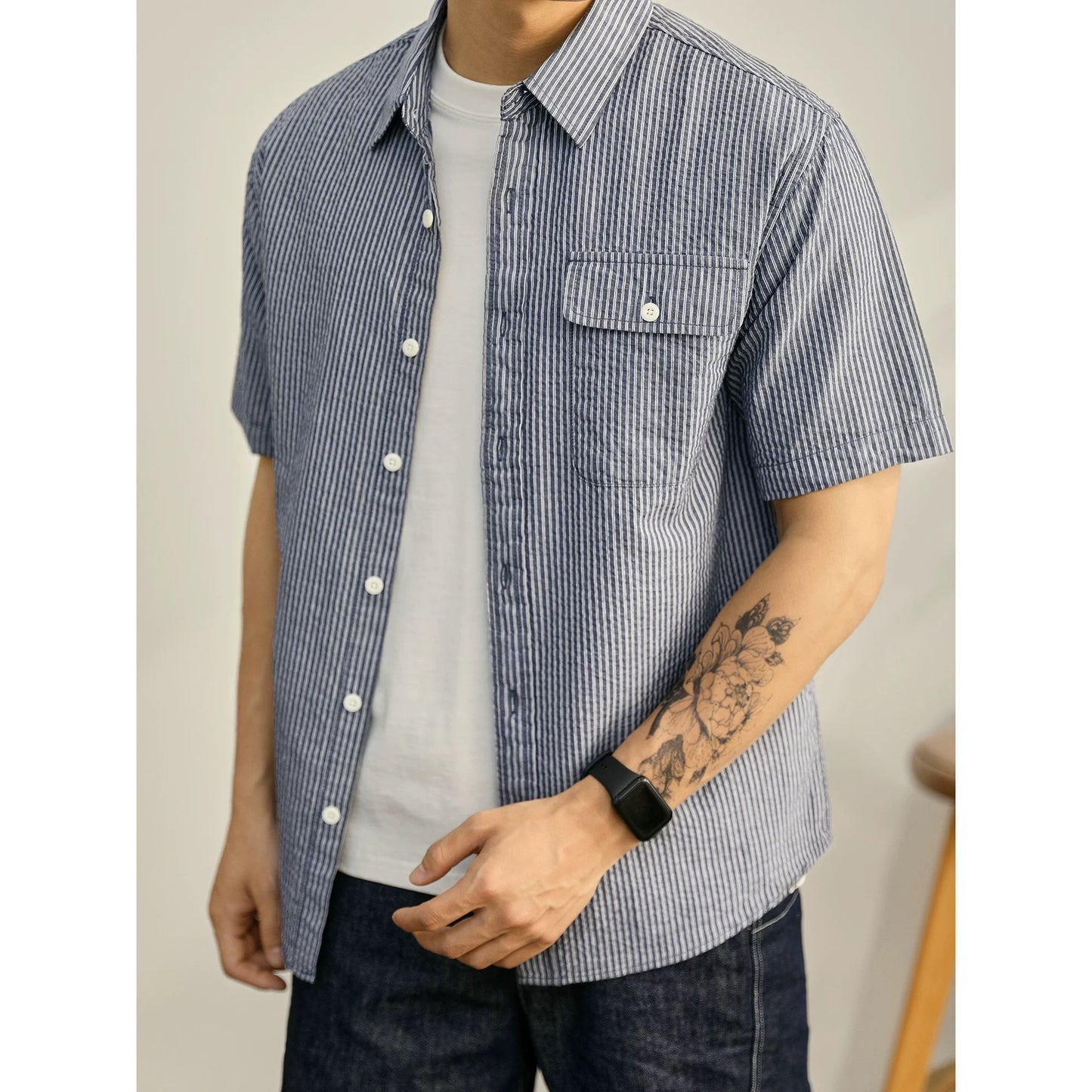 LUUD summer mint green casual shirt commuter striped flip pocket design top Japanese light mature workwear short sleeve