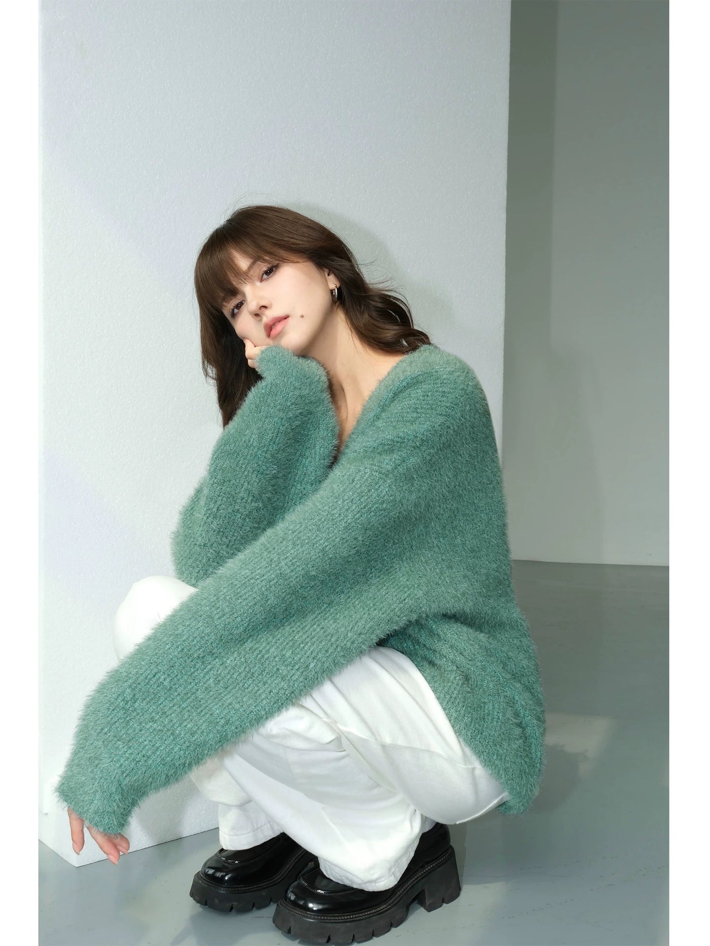 NEVA HU black imitation mink v-neck sweater women's high-end autumn and winter lazy loose pullover sweater top