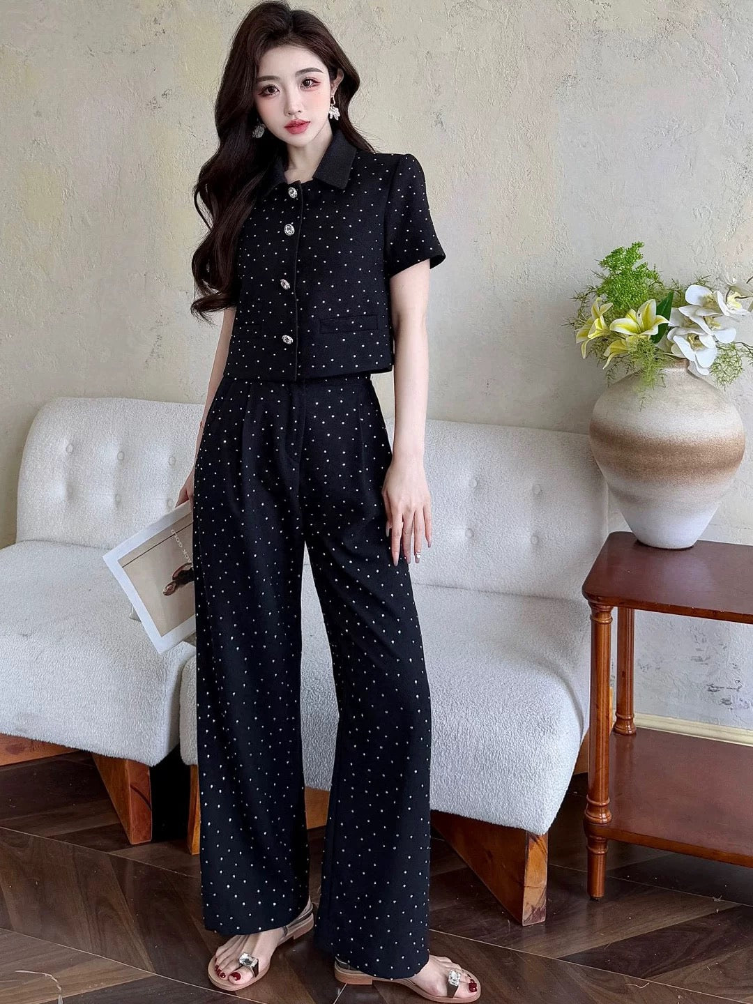 2025 summer new style small fragrance style celebrity temperament high-end heavy hot diamond top wide-leg pants slim and tall suit