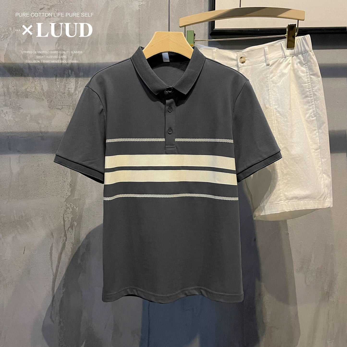 LUUD Korean version of the simple color matching striped slim fit POLO shirt casual retro versatile casual men's polo shirt summer