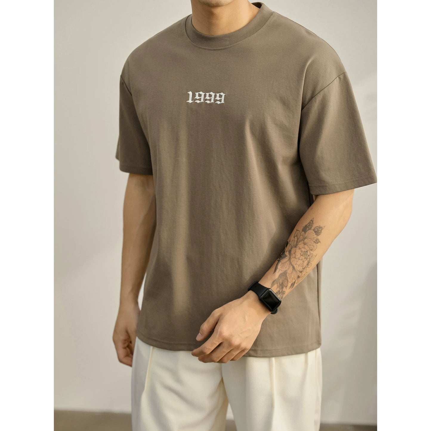 LUUD simple 1999 embroidery round neck short-sleeved T-shirt men's summer casual fashion cotton slightly dropped shoulder T-shirt top