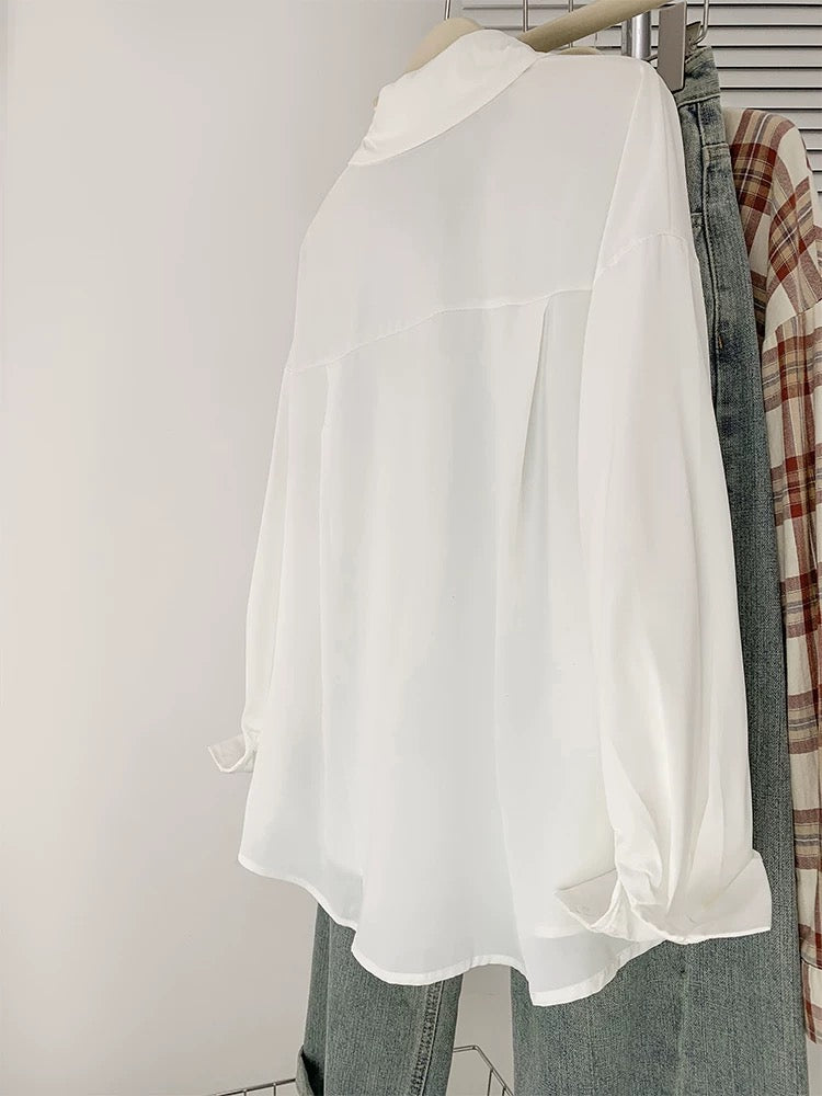Hong Kong style retro printed white shirt for women French loose lazy chiffon long-sleeved top spring and autumn design niche