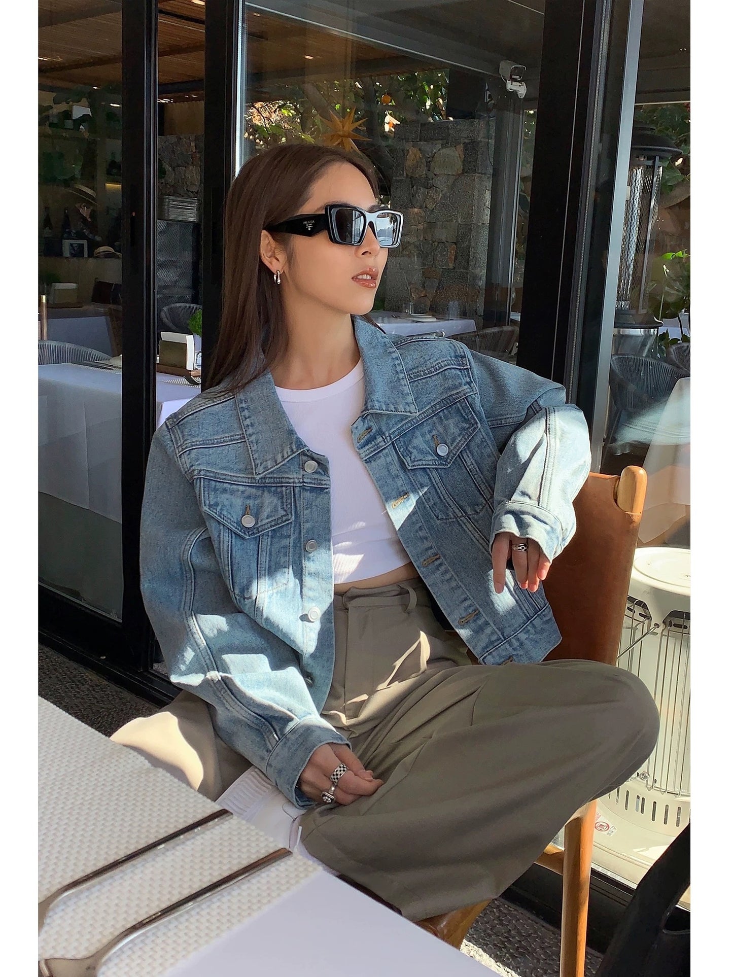 NEVA HU light color short retro denim jacket for women 2024 new Korean style loose casual versatile jacket