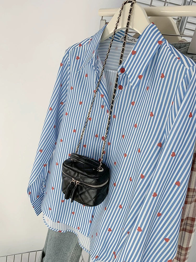 Chic blue striped printed shirt women's high-end drape commuting chiffon long-sleeved top spring and autumn chic shirt