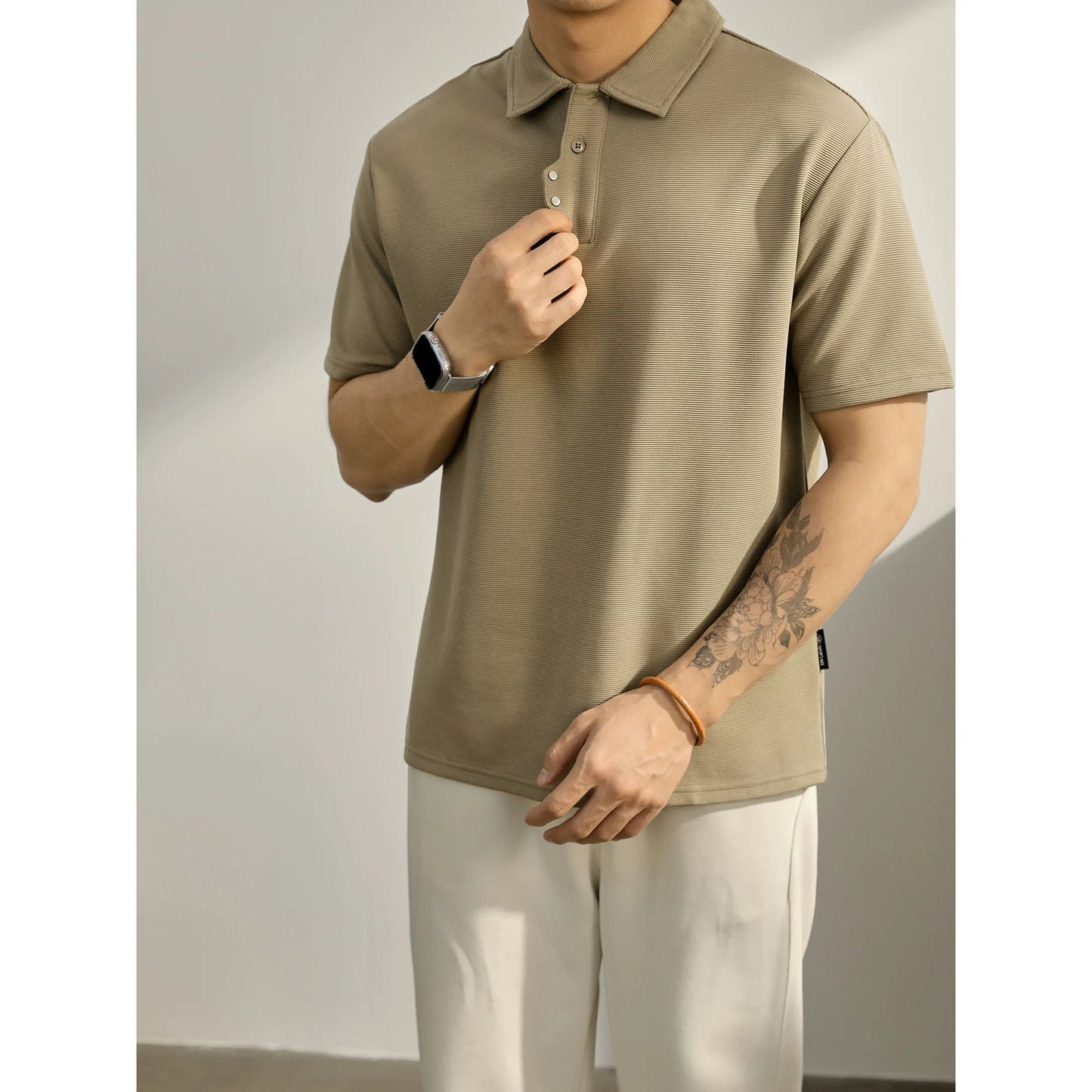 LUUD high-end design button lapel Polo shirt men's slightly loose Polo shirt urban casual all-match T-shirt
