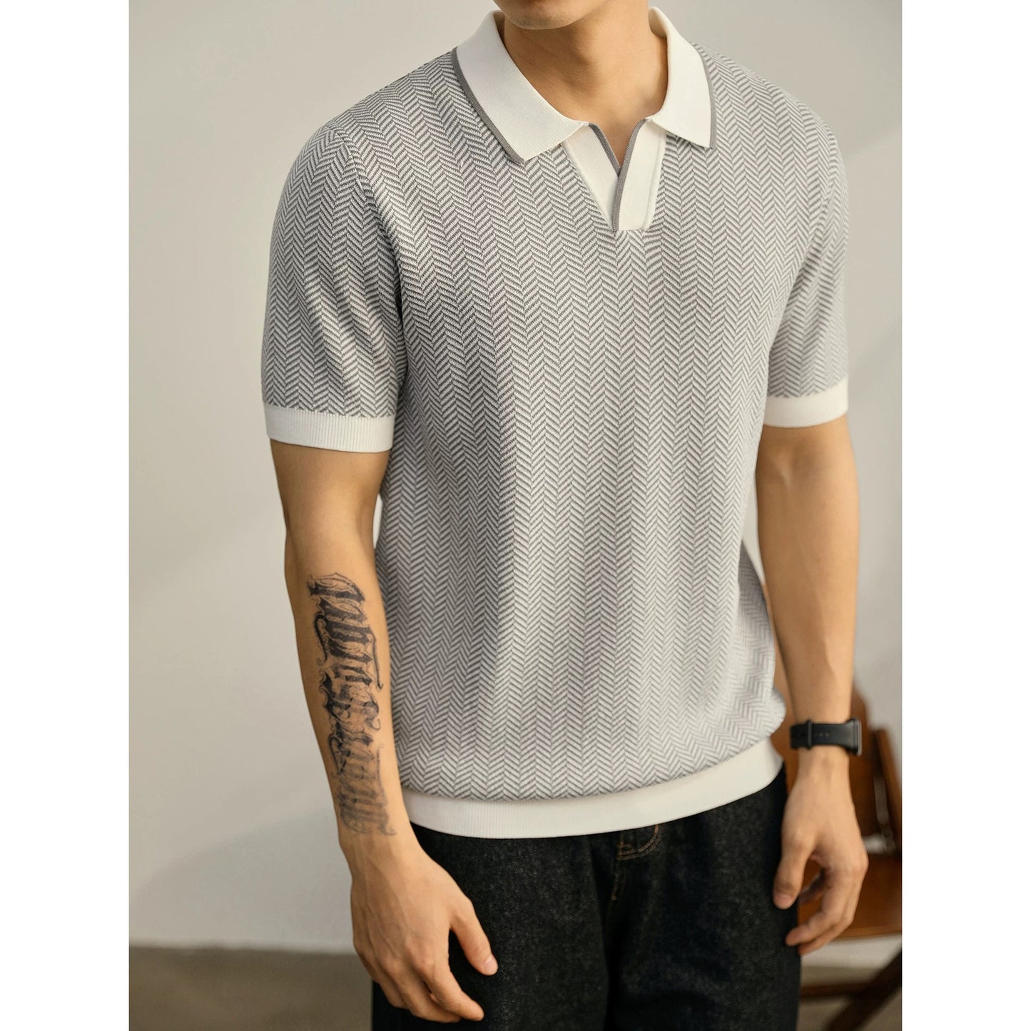 LUUD men's elegant and handsome contrast color versatile summer short-sleeved herringbone texture lapel knitted POLO shirt