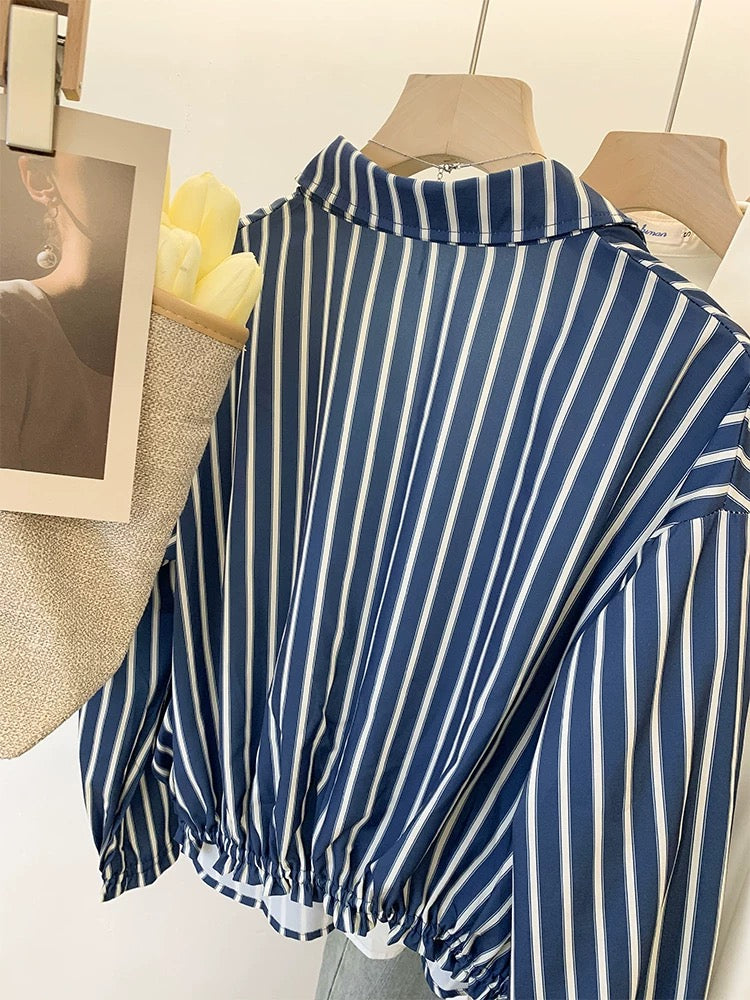 Hong Kong style retro blue striped shirt for women, chic back waist pleated chiffon long-sleeved top, spring design niche