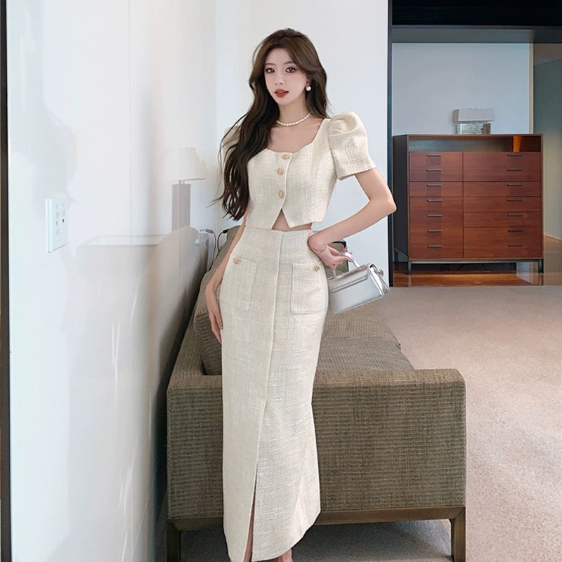 Xiaoxiangfeng fashionable suit skirt for women summer celebrity royal sister style high-end small dress two-piece set short top long skirt