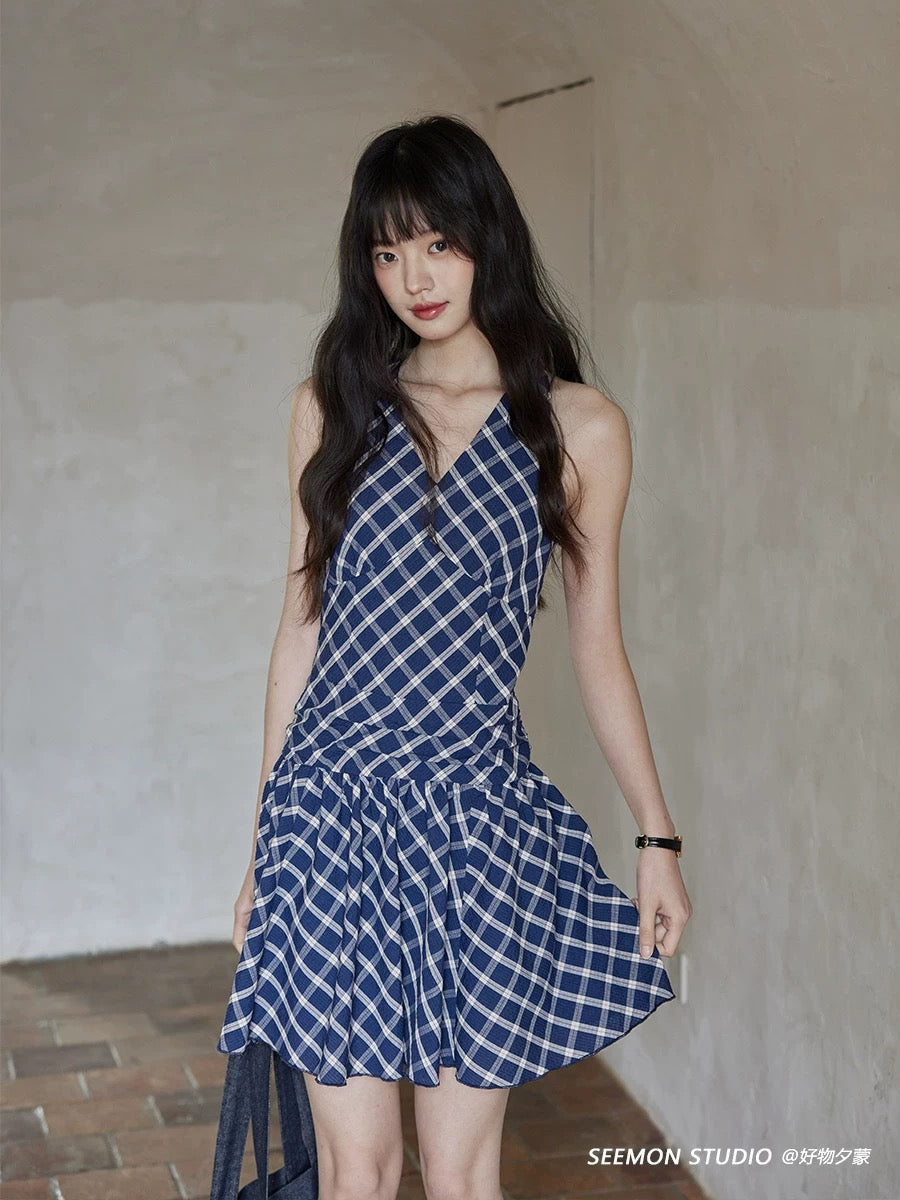 Ximeng 2025 new summer Korean style v-neck skirt high-end niche cold blue plaid dress female
