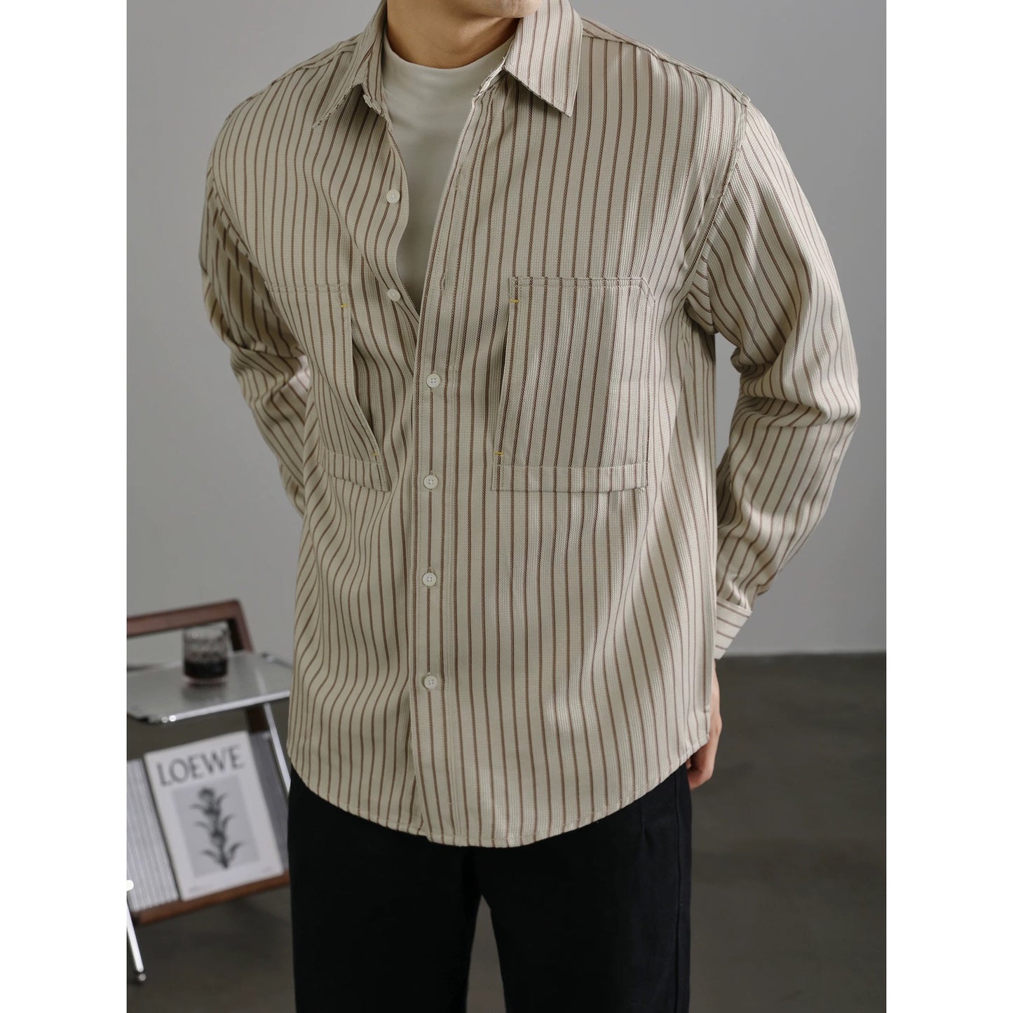 LUUD grainy fashion men's striped shirt lapel casual long-sleeved coat autumn mature contrast color jacket
