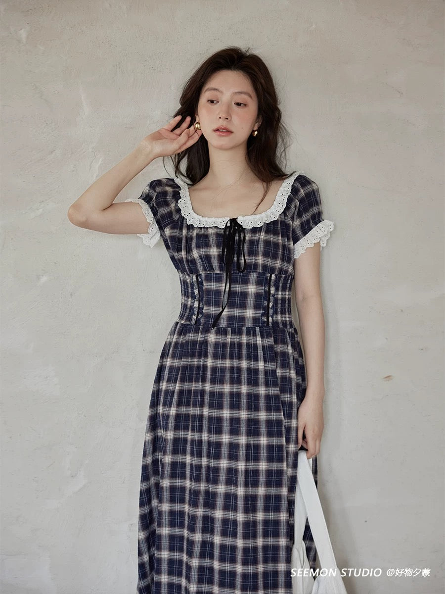 Ximeng 2025 new summer Korean style gentle temperament skirt small high-end Tibetan blue plaid short-sleeved dress female