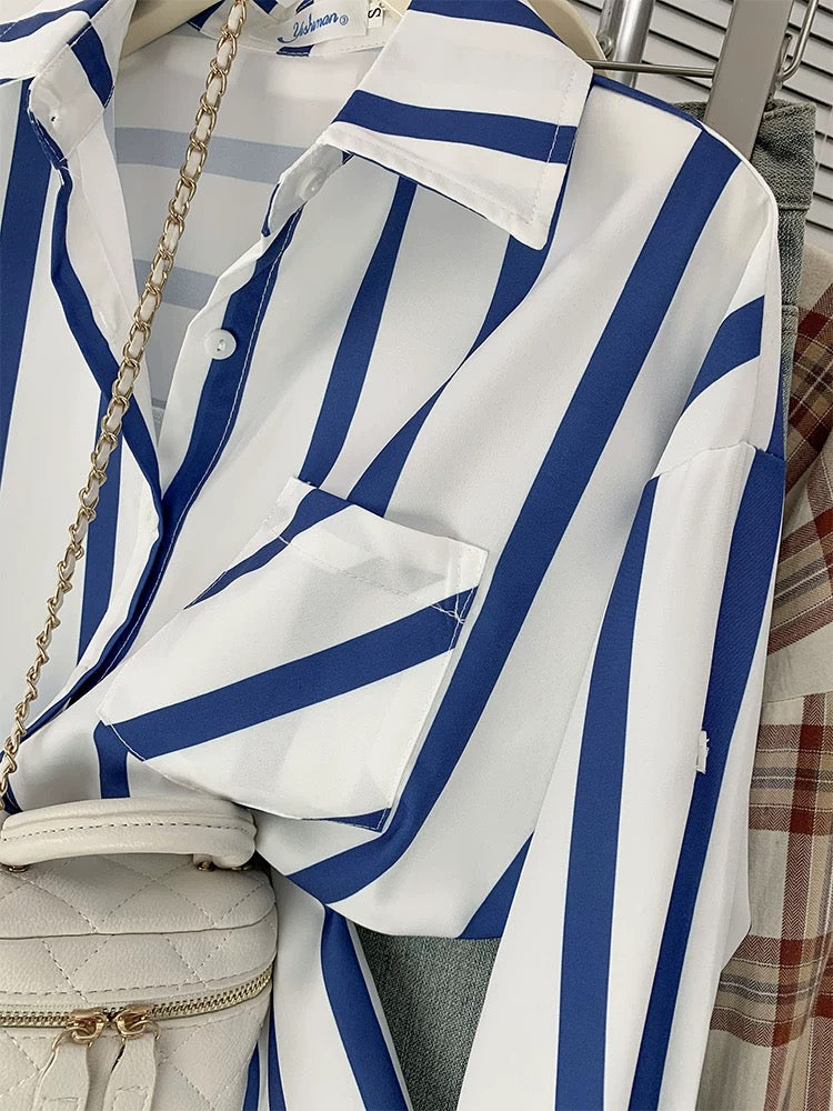 Fashionable casual blue striped shirt, feminine, loose and versatile commuting chiffon long-sleeved top with spring and autumn design