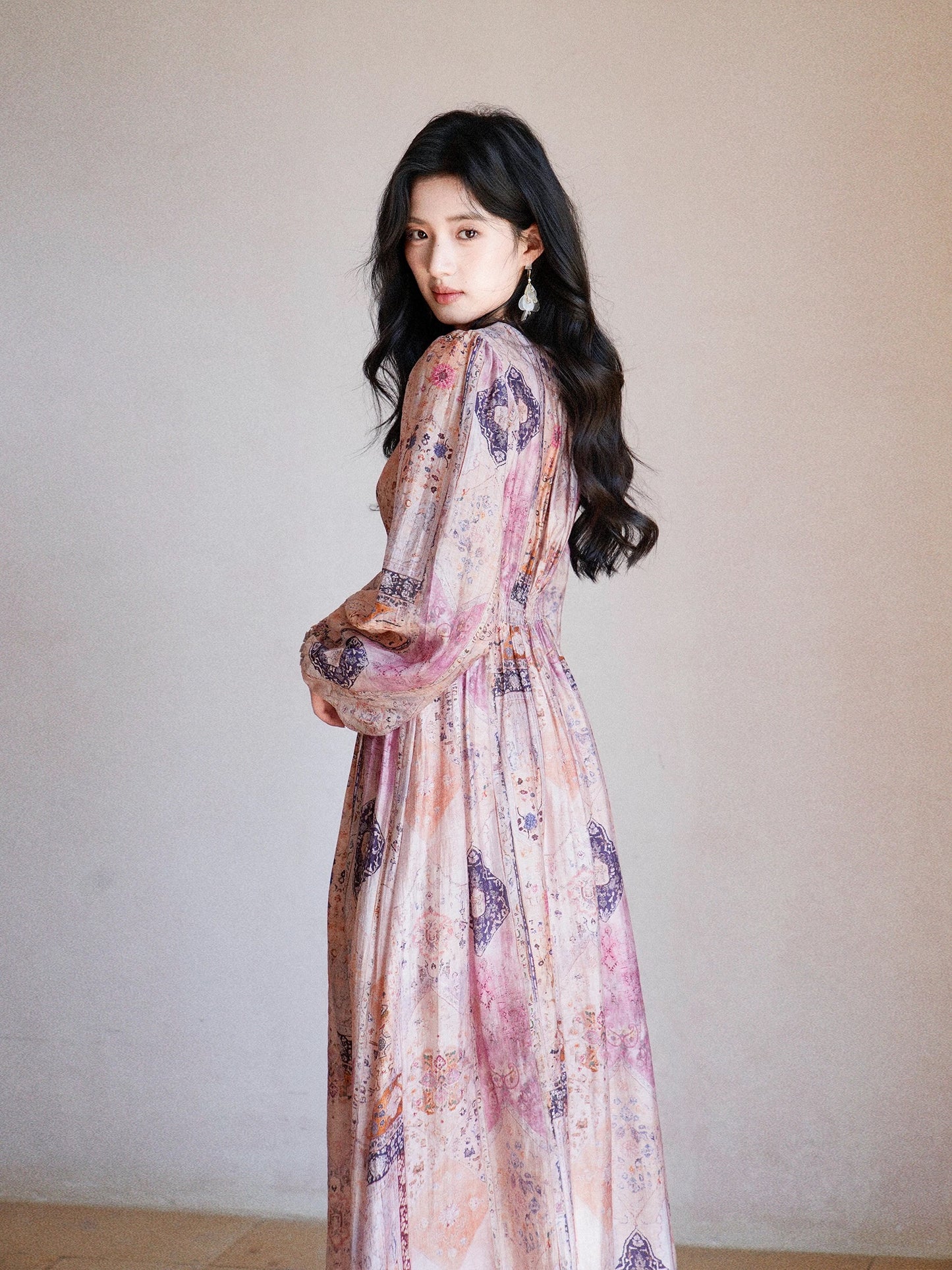 Send a letter "Wild Narrative" Bohemian Tencel Linen Print V-Neck Slim Waist Dress Nomadic Wave Style Dress