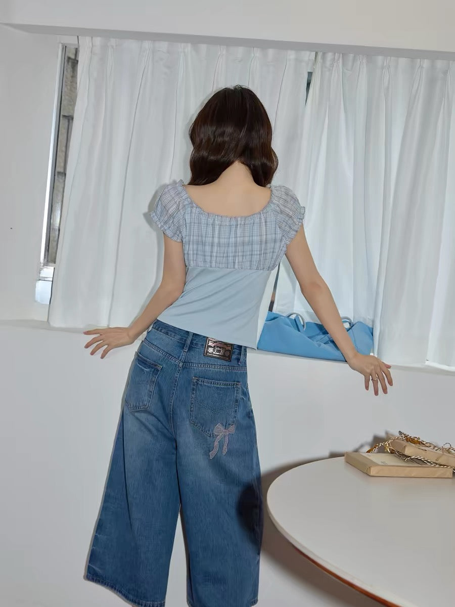 Chaochao's new arrivals on May 21st: Blue washed embroidered denim jeans for women, 2026 summer casual cropped straight leg shorts.