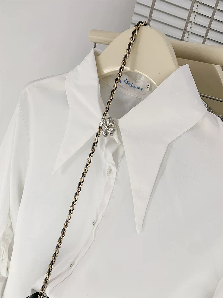 Chic hollow lace-up white shirt for women French fashionable style chiffon long-sleeved top spring and autumn design niche