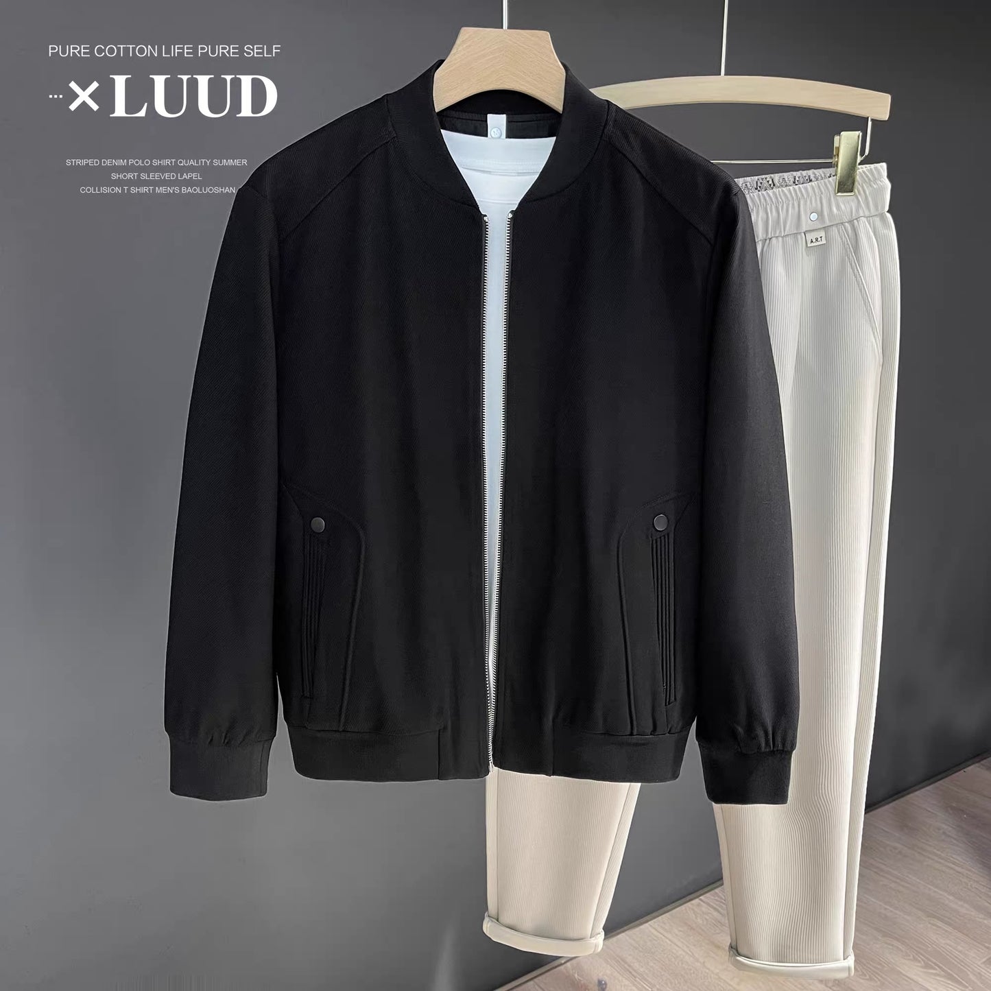 LUUD handsome pilot solid color baseball collar jacket men's solid color simple top zipper casual short coat