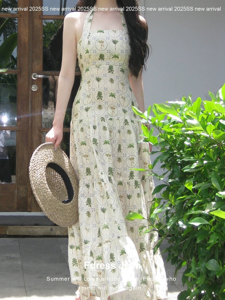Send a letter to "Island Vacation" - New linen-textured green checkered floral print halter neck sundress, fresh and cute.