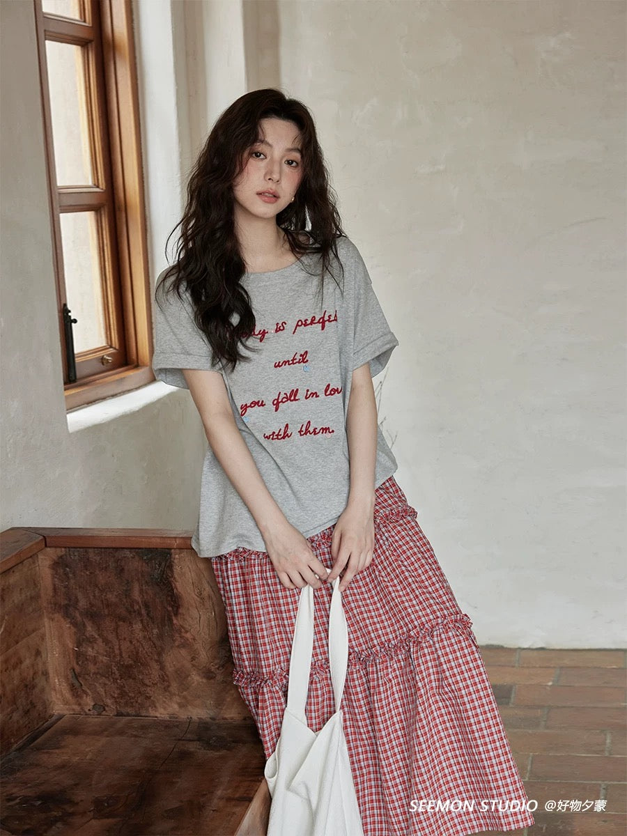 Ximeng 2025 new summer Korean loose tops lazy feeling unique beautiful niche chic gray short-sleeved T-shirt