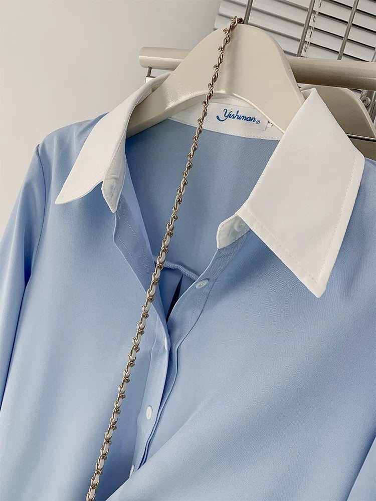 High-end drape contrasting blue shirt, feminine professional commuting chiffon long-sleeved top, spring and autumn design, niche