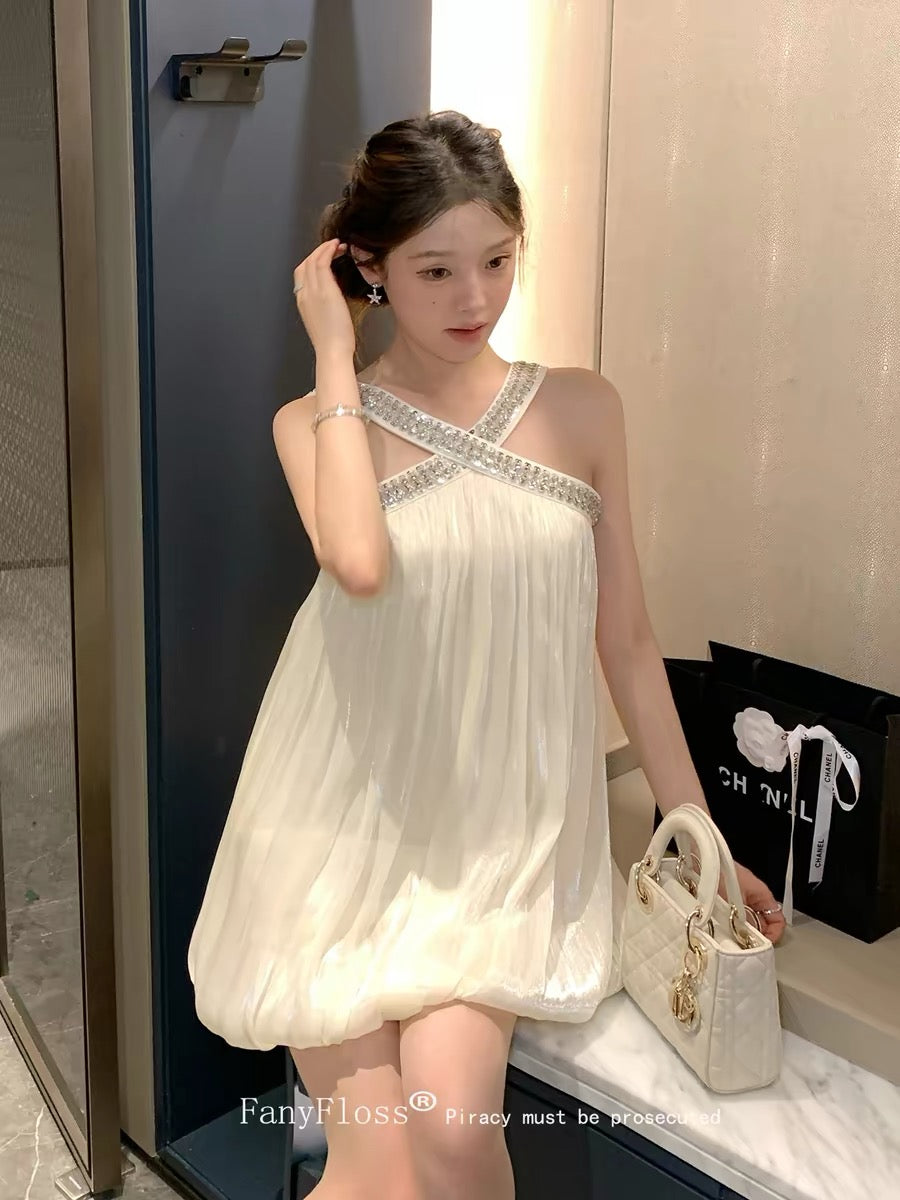 halter midi dress white FanyFloss French-style halter neck beaded satin loose babydoll dress f –  Lee Nhi Boutique