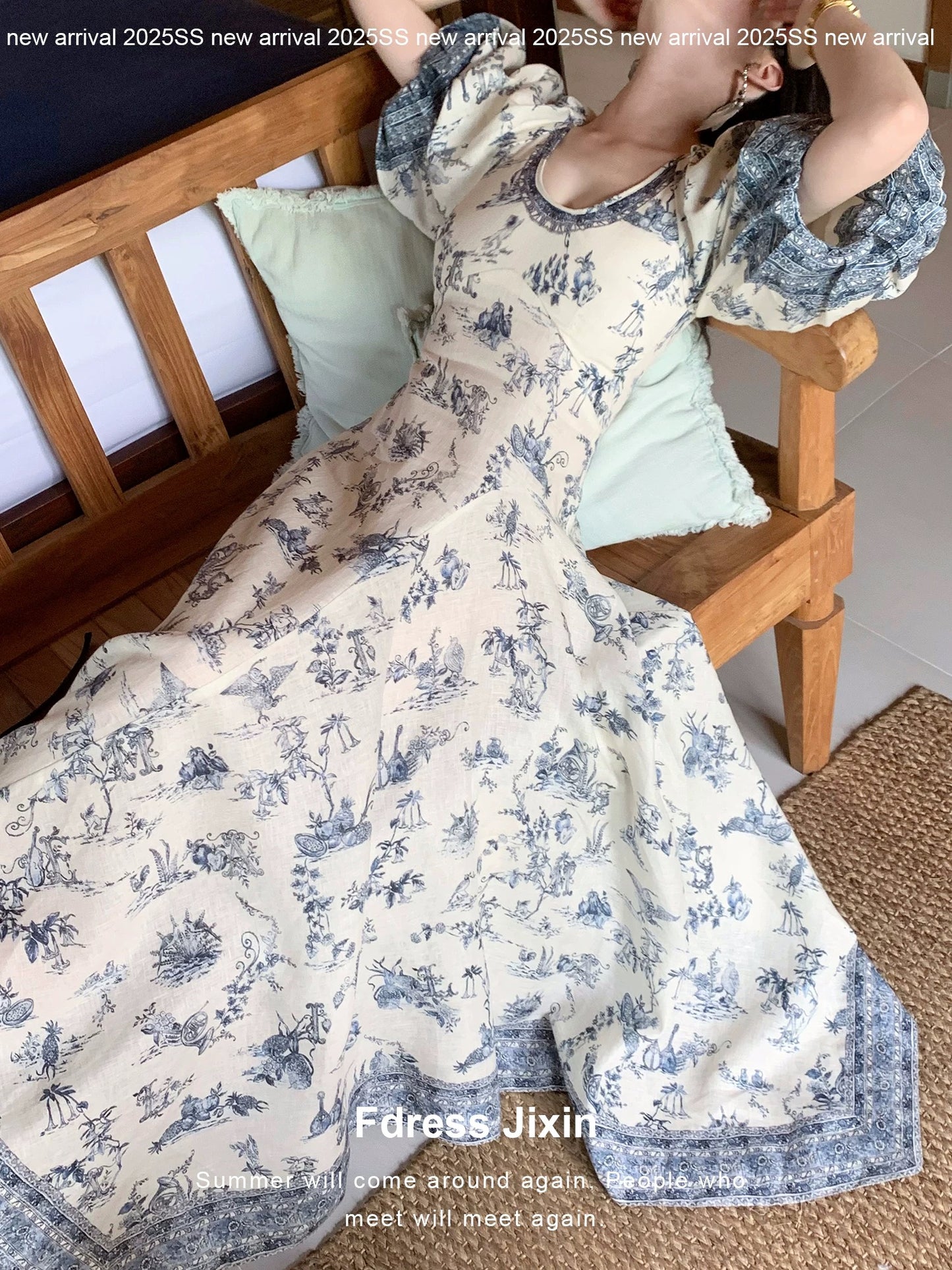 Send a letter to the "Plain Green Grass" vacation-style blue and white botanical print V-neck irregular cotton and linen dress