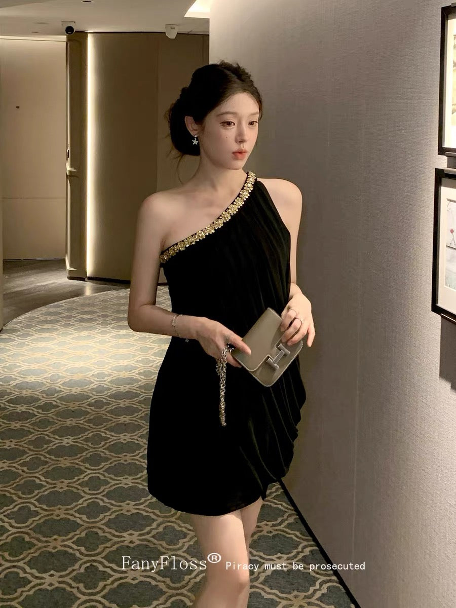 FanyFloss One-Shoulder Rhinestone Sexy Chiffon Dress, Luxurious Sparkling Rhinestone Waist-Defining Beach Vacation Mini Skirt
