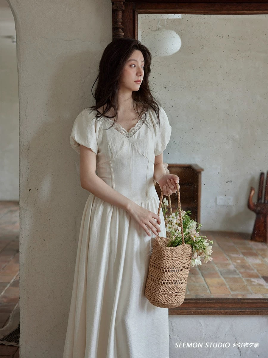 Ximeng 2025 new summer Korean style skirt beautiful temperament age-reducing chic high-grade lace apricot dress for women