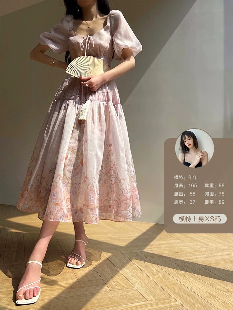 Aconiconi|Pink and Daisy Flower Shadow French Print Tea Break Skirt Puff Sleeve Gentle Princess Style Fairy Dress