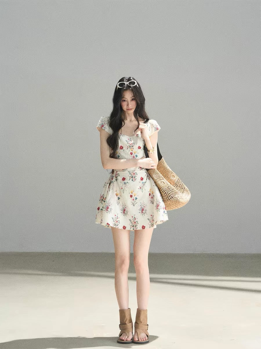 AOMALM's "Blooming Flower" French Chiffon Dress for Women, Summer Puffy Floral Print, Square Neck Short Skirt